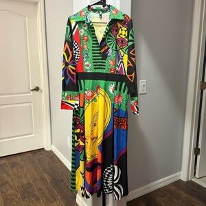 Multicolor Graphic Print Long Sleeve Maxi Dress